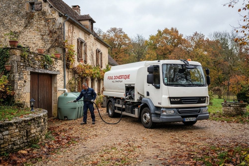 Livraison de fioul domestique par camion-citerne devant une maison en pierre